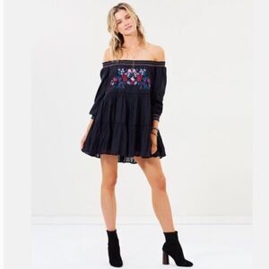 FREE PEOPLE Off The Shoulder Babydoll Tiered Mini Dress Embroidered Black XS New